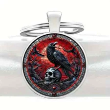 Gothic Crow and Skull Glass Pendant Keyring Durable Stylish Accessory for Keys