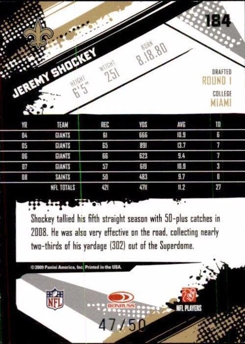 2009 Score Inscriptions Scorecard #184 Jeremy Shockey #47/50 (rf 19427) - Image 2 of 2