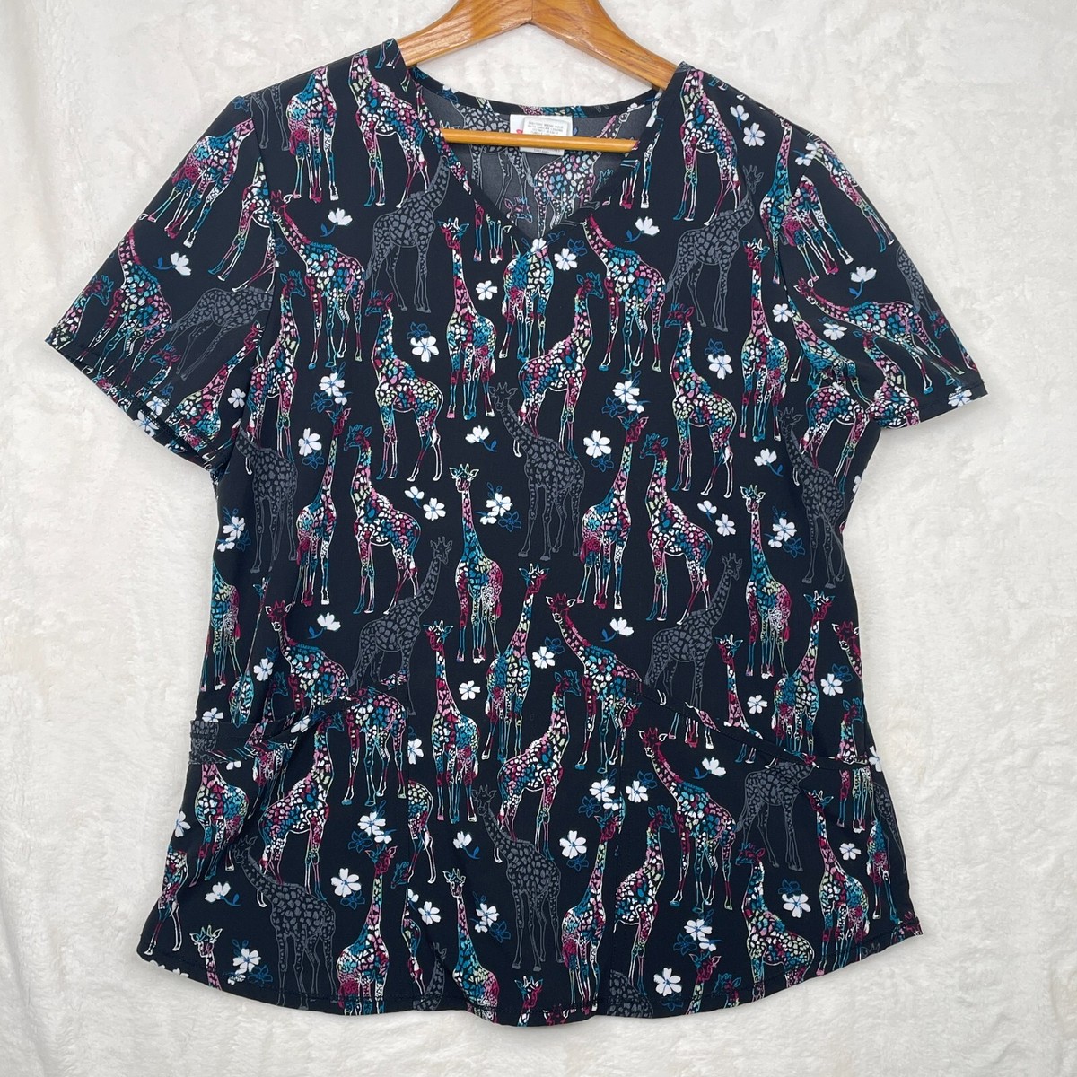 Scrubstar Giraffe Floral Print Scrub Top Womens Size Medium Black