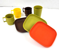 7 Pc Tupperware Toy Plate Cup Tumbler Kids Mini Play Set Orange Brown Green