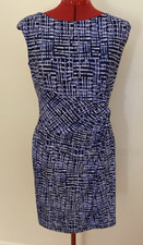 CHAPS DRESS~L~NAVY BLUE /WHITE~FAUX WRAP~KNOTTED AT WAIST AT SIDE~KNEE LENGTH