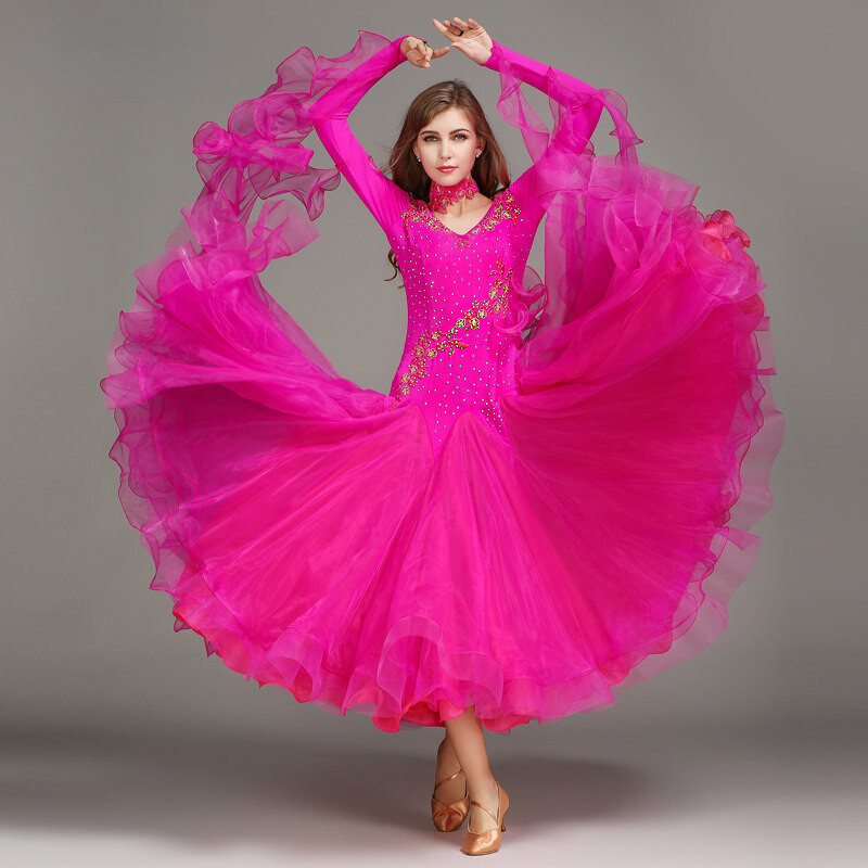 Mujeres Bordado Volantes Columpio Vestido de Baile Vals Moderno Salón Ropa de Baile Fiesta
