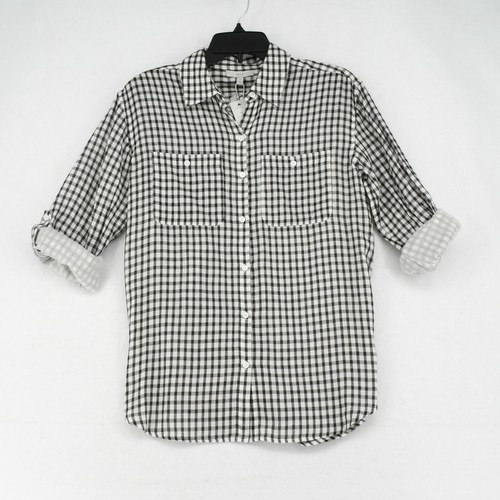 Joie Womens Black Plaid Button-Up High-Low Curved Hem Long Sleeve Shirt Top XXS - 第 3/11 張圖片