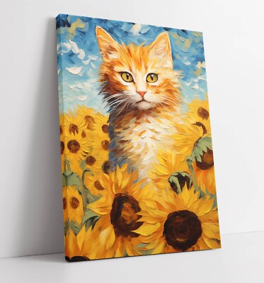 VAN GOGH STIL KATZE IM SONNENBLUMENFELD 3 - TIEF GERAHMTER LEINWANDKUNSTDRUCK