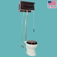 High Tank Toilet Dark Oak Flat Panel Round Biscuit Bowl Brass Lpipe on sale High Tank Toilet Dark Oak Flat Panel Round Biscuit Bowl Brass Lpipe on sale