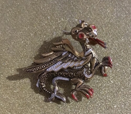 Victorian Damascene Dragon Brooch Pin Ornate Hand Painted Statement
