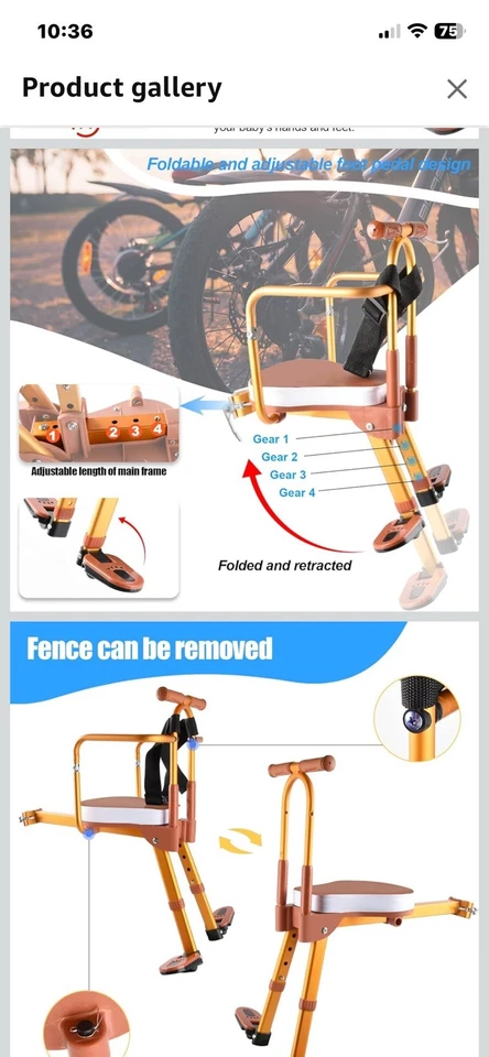 Asiento de bicicleta para niños con accesorio de reposapiés de manillar desmontable montado en la parte delantera Foto 3 de 4