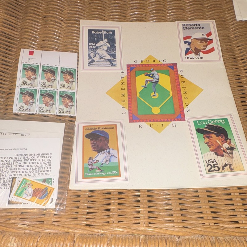 US Baseball Postage Stamps Lot Babe Ruth Clemente Robinson Gehrig 20c 25c
