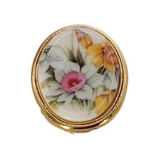 Vintage Porcelain Flower Bouquet Brooch Pink Yellow White Gold Tone Pin 2 in