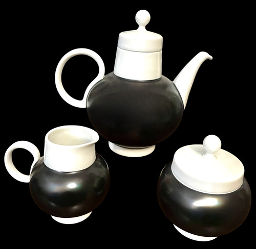 1960s HEINRICH & CO SELB Bavaria Germany Tea Pot Creamer Sugar bowl black/White
