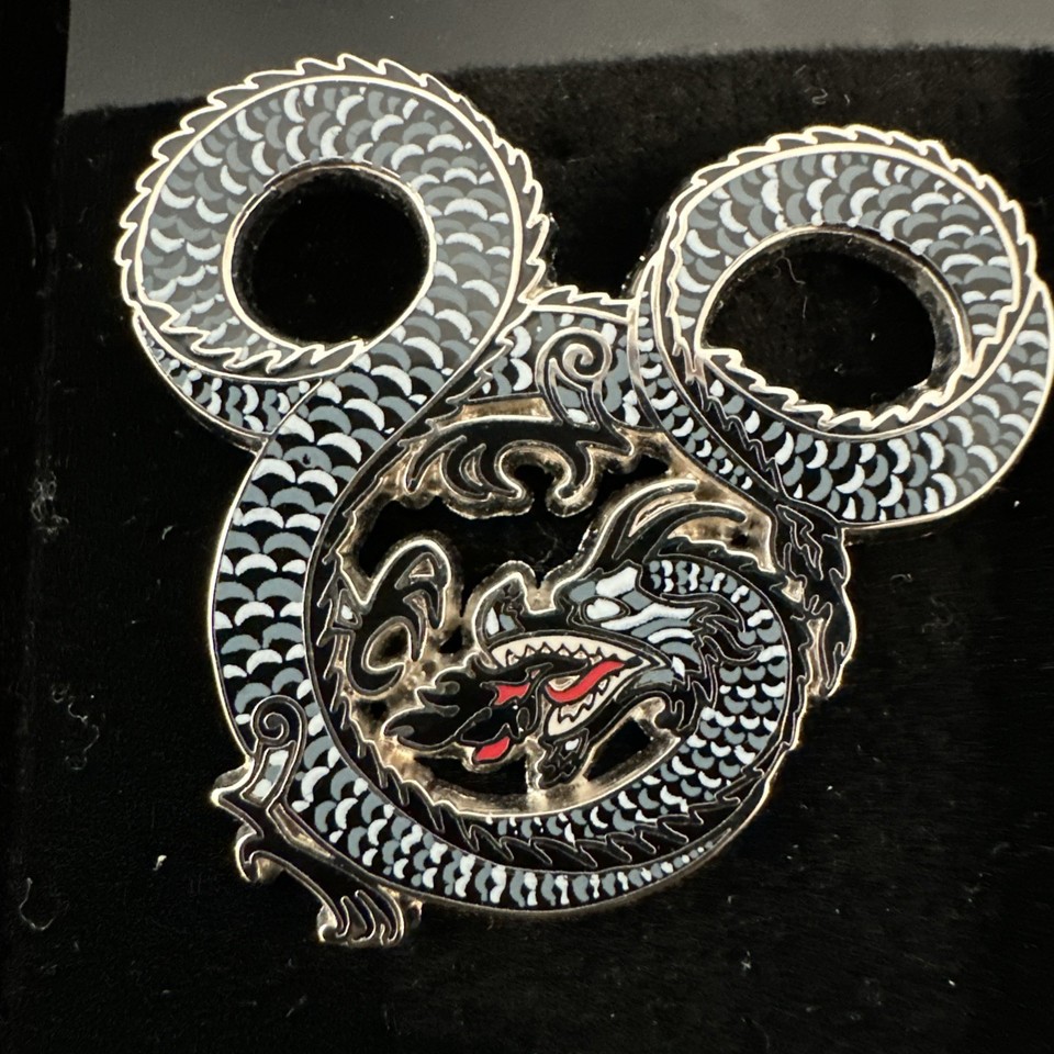 Disney WDI Mickey Mouse Head Fire Breathing Dragon Black on Silver Pin ...