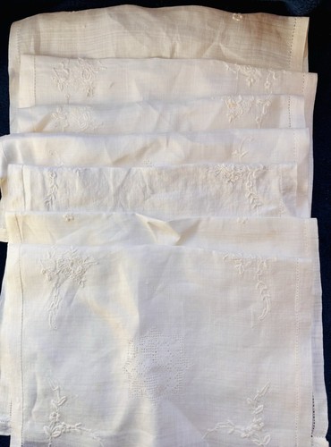 Set of 6 Antique Hand-Embroidered Appliqué Linen Matching Placemats- Offwhite