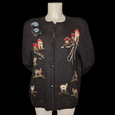 Vintage Landhaus Strickjacke Schwarz mit Bauernhof-Motiven und Tieren L - Bild 1 von 4
