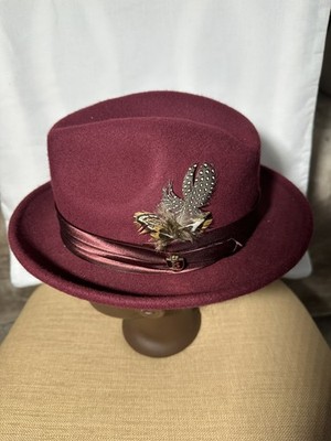 Mens Bruno Capelo Fashion Dress Fedora Hat Winter 100% Wool Giovani Burgundy