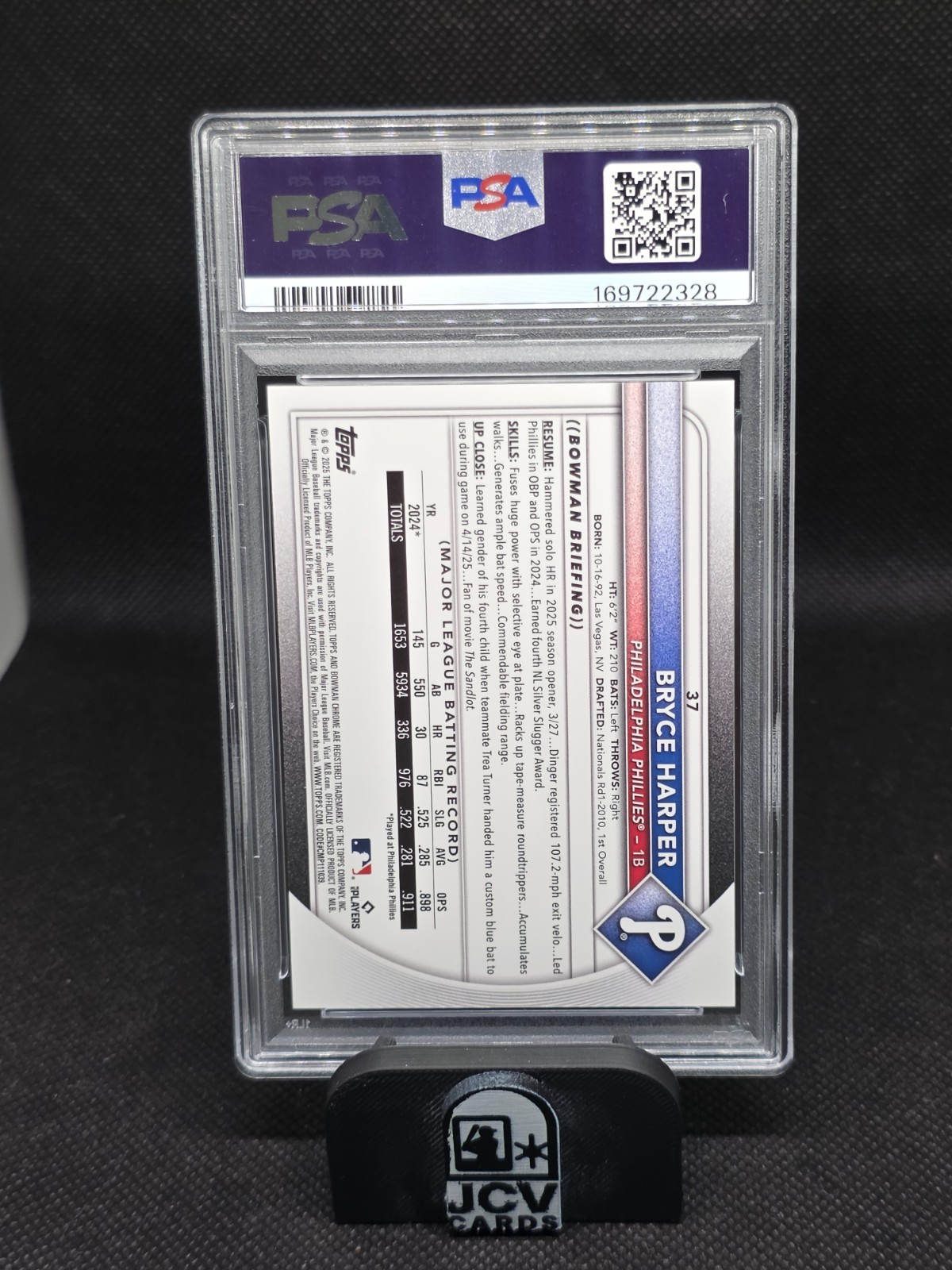 2025 Bowman Chrome Bryce Harper Black Refractor 10/10 PSA 10 GEM! view 2