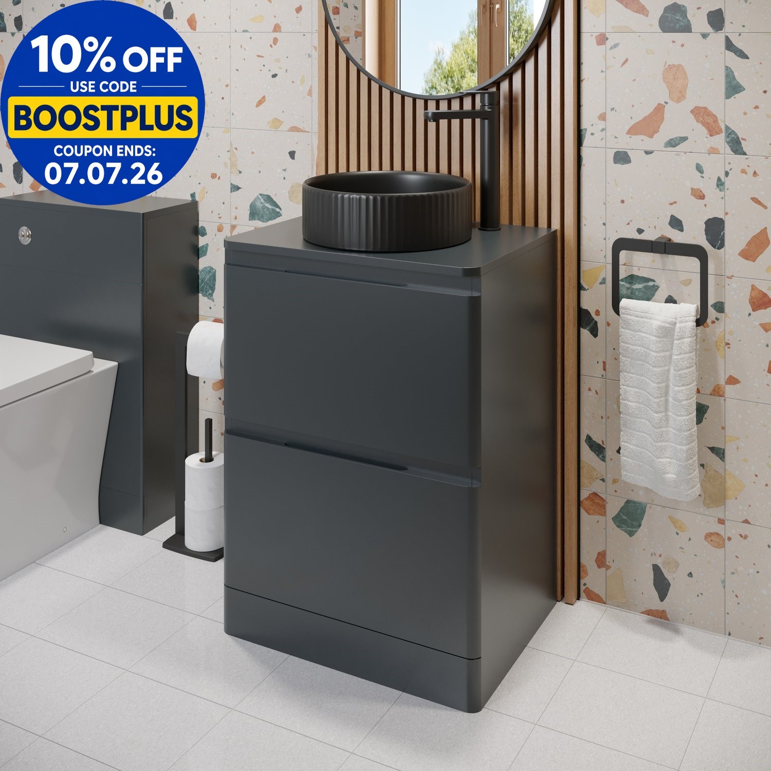 600mm Bathroom Countertop Vanity Unit Fluted Round Basin Freestanding Anthracite