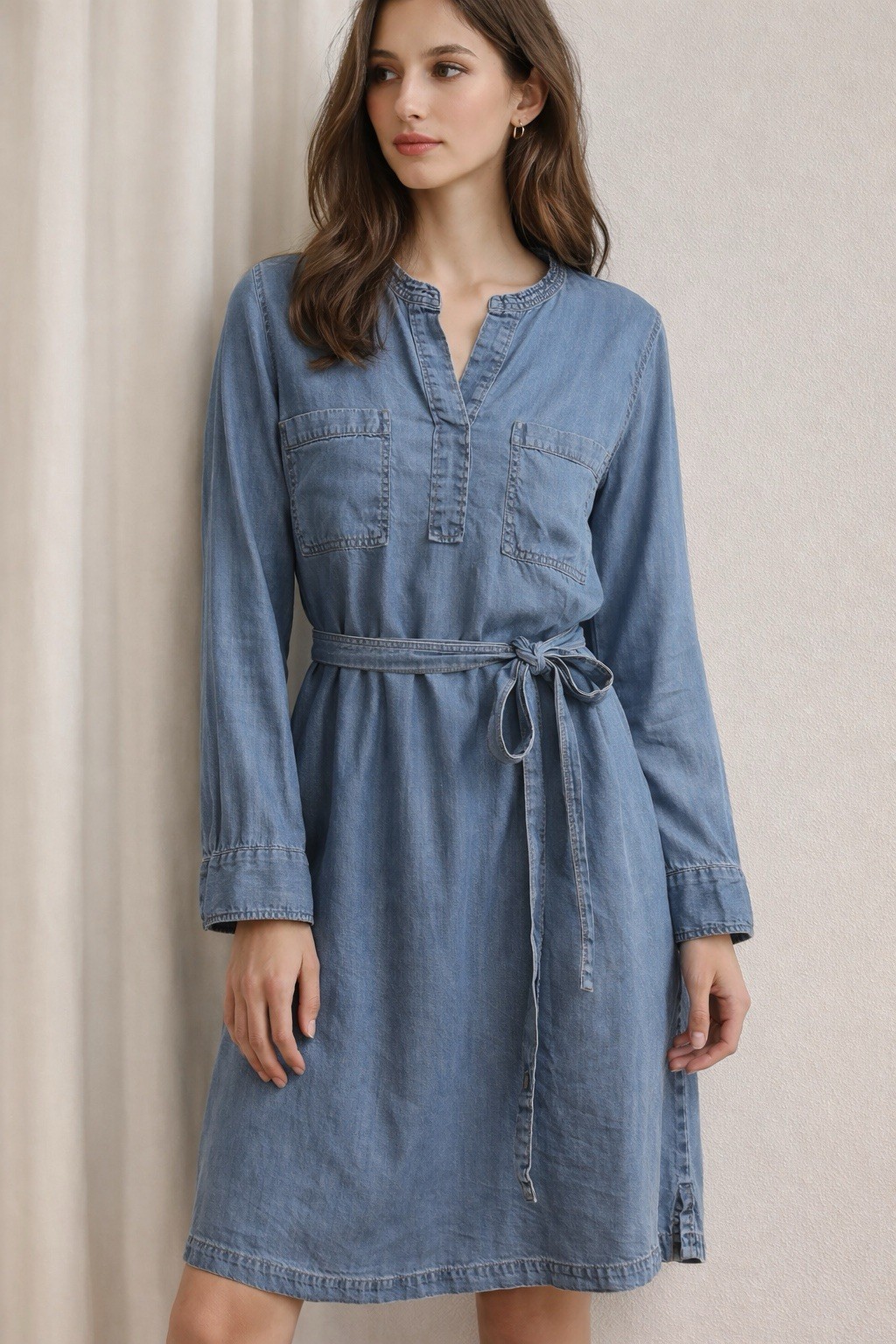 Caslon Chambray Denim Midi Dress Women L Long Sleeve Tie Waist