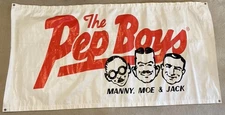 1990s Pep Boys Manny Moe & Jack Large Vinyl Fabric Shop Wall Hanging 36”x71” 
