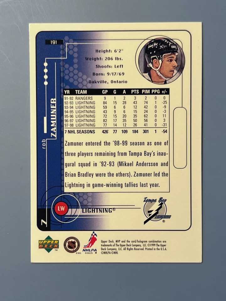1998-99 UPPER DECK MVP ROB ZAMUNER #191 TAMPA BAY LIGHTNING - Image 2 of 2