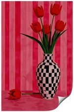Contemporary Eclectic Canvas Wall Art Tulips In A Checkered Vase Prints Poste...