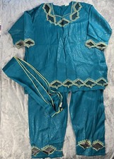 The African Star Clothing Brocade 3Pcs Pant Suit Dashiki Turquoise W/Sash Belt