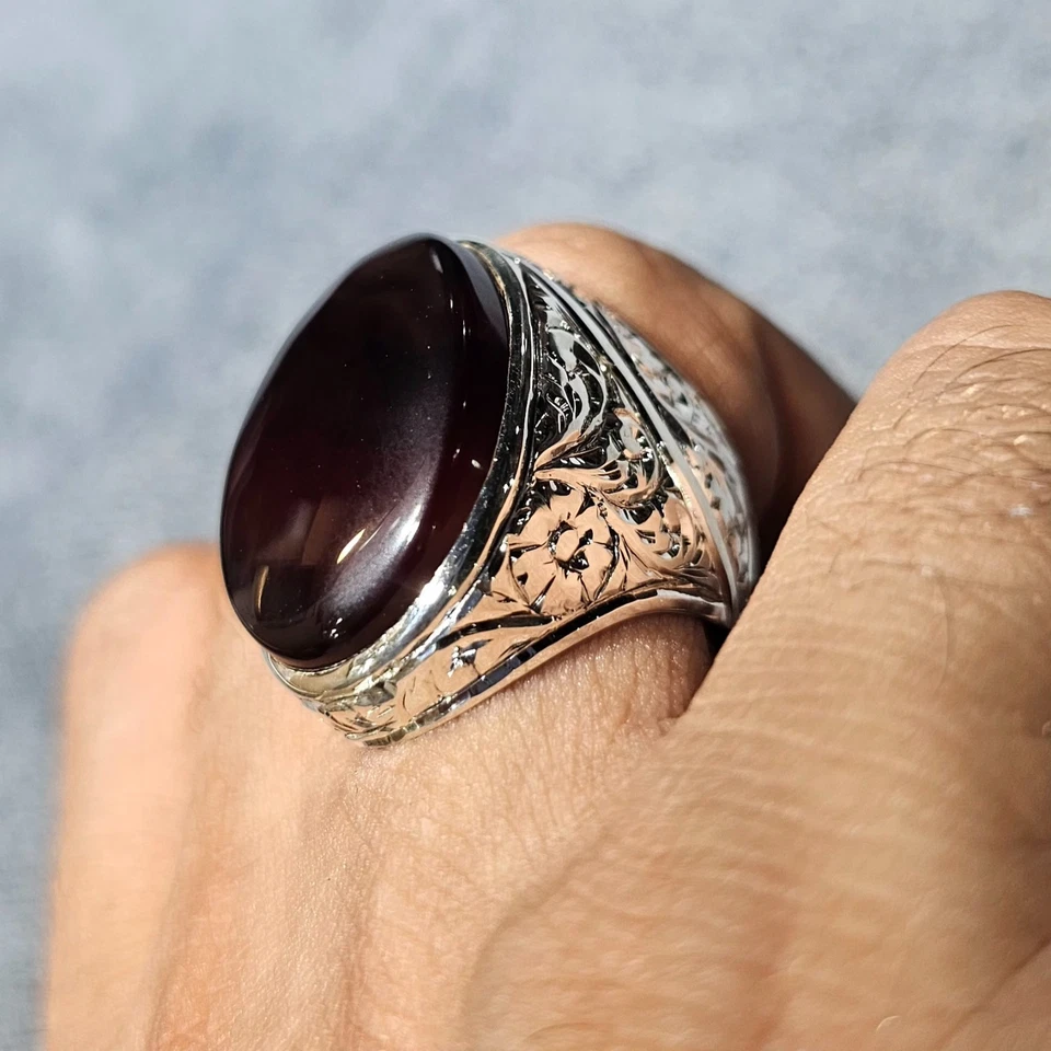 Yemeni Aqeeq Ring For Men, 925 Sterling Silver Natural Agate Ring, Shia Ring - Image 3 of 4