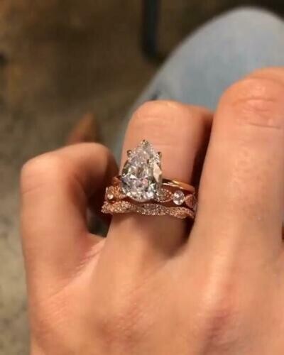 Women's 2 Ct Pear Simulated Diamond Wedding Trio Set Ring 14k Rose Gold Plated - Picture 1 of 8