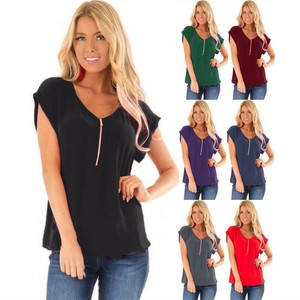 Women-Loose-Tops-Short-Sleeve-Sexy-Zip-V-Neck-T-Shirt-Casual-Blouse-Shirts-S-2XL