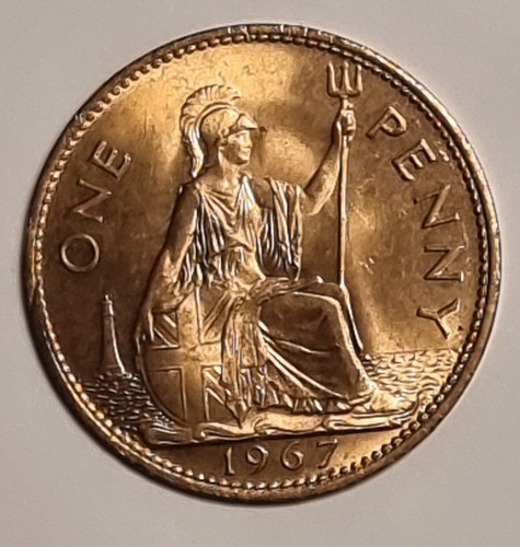 1967 ERROR British One Penny UK QE2 Coin. Uncirculated, Mint Lustre - Foto 5 di 6
