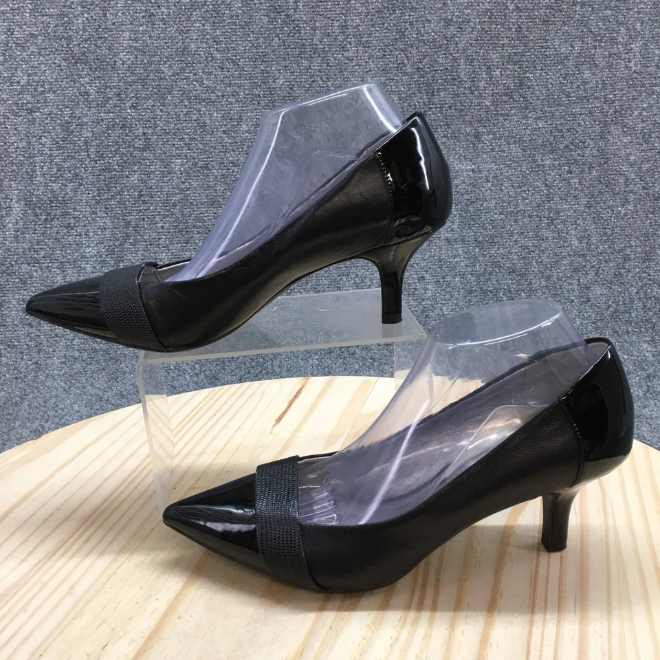 Zapatos de salón Anne Klein para mujer 9,5 M Finn de cuero negro tacones informales en punta Foto 2 de 4