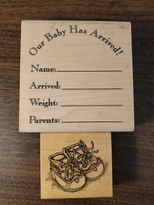 Lot of 2 Wooden Rubber Stamps Baby has Arrived Announcement