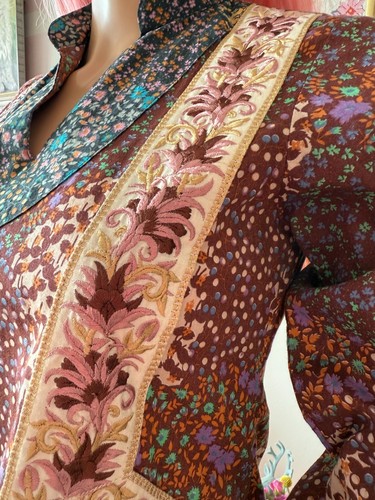 Vintage 70s Boho Hippie Patchwork Cotton Kaftan Circle Skirt Maxi Dress M - Picture 3 of 8