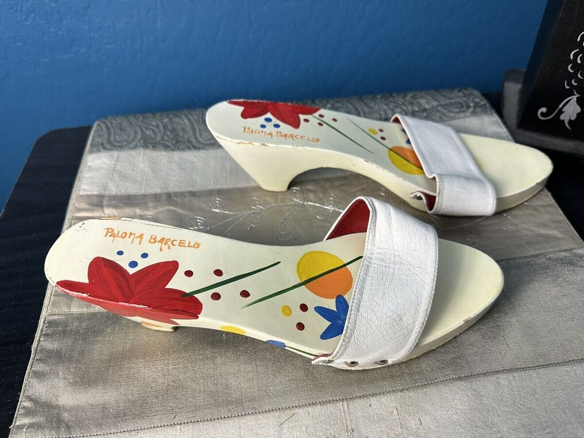 Vtg PALOMA BARCELO 8 White floral hand painted slide sandals Vtg PALOMA BARCELO 8 White floral hand painted slide sandals
