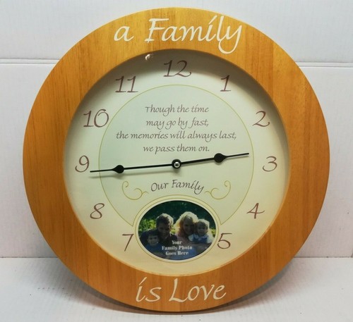 14" Family is Love Oak Quartz Wall Clock Photo Frame Picture Hardwood - Picture 1 of 11