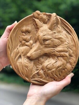 Fuchs Tiere Ornament Holz geschnitzt Plakette Wandbehang Kunstwerk Wohndeko