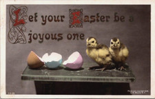 Antique Postcard Joyous Easter Tinted B&W Real Photo Chicks Egg Shell Rotograph