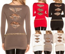 Sexy Donna Lungo V Strass Pullover Leopardo Pizzo Schiena Fino Maglia XS/S