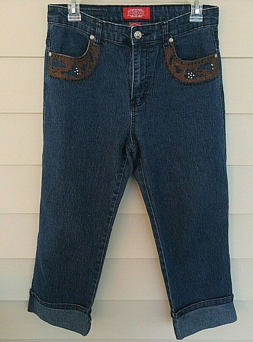 Cos Jeans Women's DENIM Capri Pants W/COPPER GLITTER & SEQUINS size 10