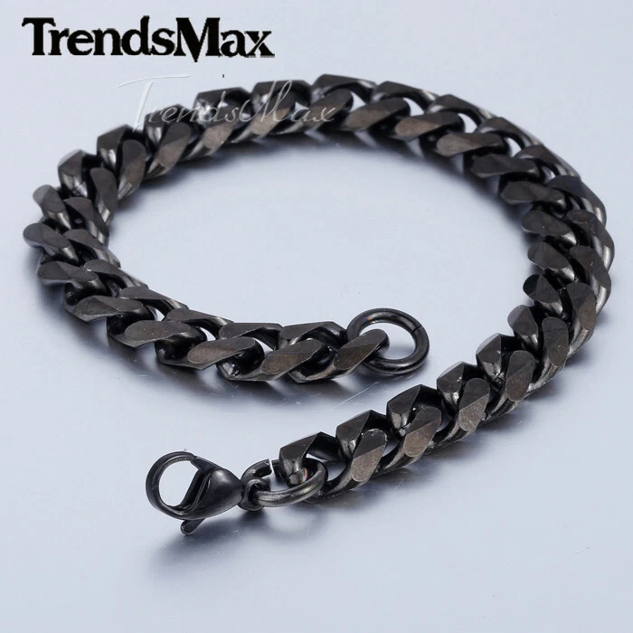 Pulsera de eslabones cubanos con bordillo de acero inoxidable negro de 3/5/7/9/11 mm para hombre cadena niño 7-11" Foto 2 de 4