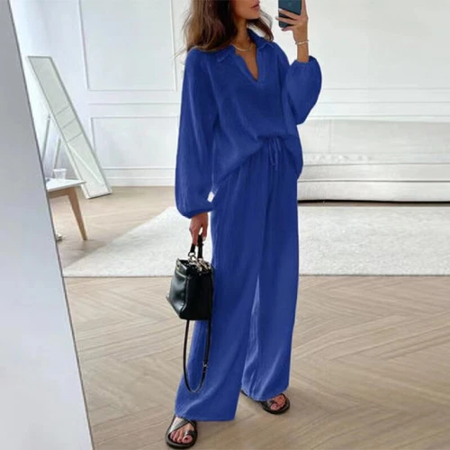 Women V Neck Long Sleeved Top Loose Casual Drawstring Pants Set 2Pcs Set Summer - Picture 8 of 28
