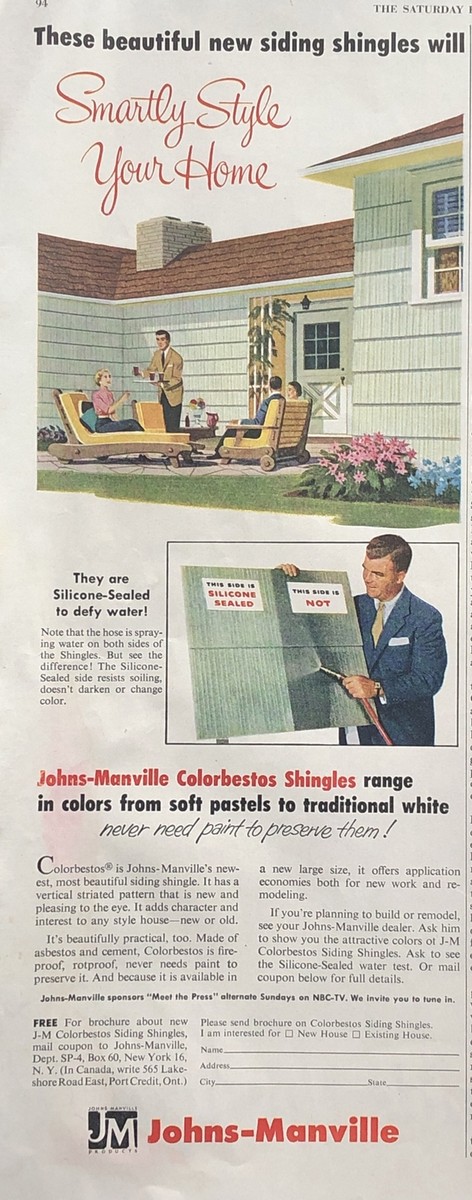 1955 Johns-Manville Colorbestos Shingles PRINT AD Asbestos Siding 