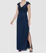 Alex Evenings Women Blue Lace-Bodice Cap Sleeve Gown Dress Size 12