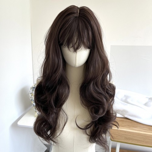 Halloween Long Wavy Dress Up Wigs With Bangs Synthetic Hair Dark brown