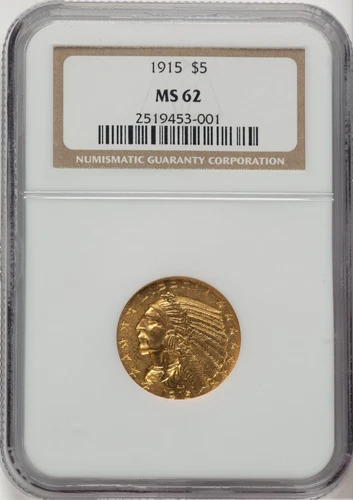 1915 INDIAN HEAD HALF EAGLE $5 GOLD NGC MS62
