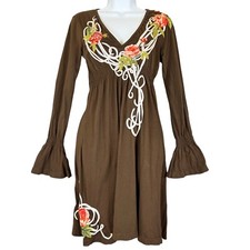 Johnny Was JWLA Embroidered Floral Dress  Roses V Neck Midi, Size M, Brown Boho