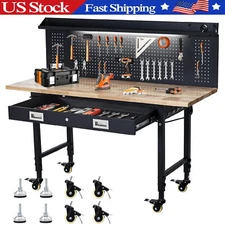 Adjustable Height Workbench ,60"x22" Worktable w/Large Pegboard ,Drawer & Wheels
