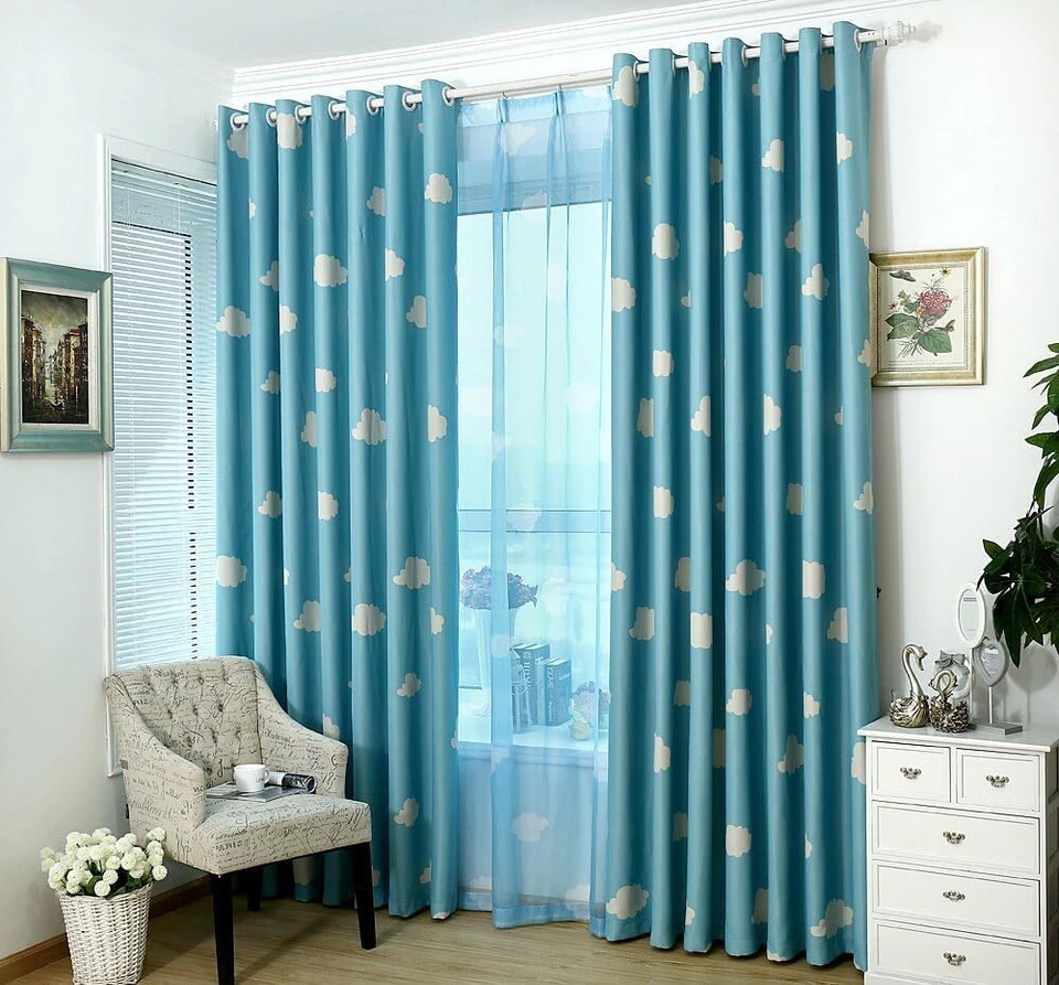 Blue and White Cloud Room Darkening Curtain Grommet Top 2panels 54x96inch - Image 2 of 3
