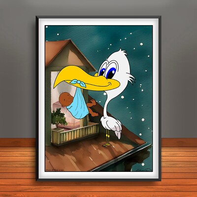 Cartoon Stork Home Delivery Print, Baby Delivery Wall Art, Mystical Decor, 2A