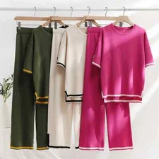 Two Piece Set Pants Sets Ice Knitted Summer Outfits for Women Sleeve Pajama Suit