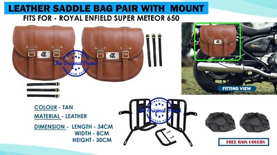 Royal Enfield ''Tan Leather Saddle bags With Mount Pair Fit For Super Meteor 650''
